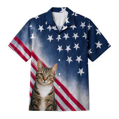 Custom Cat Photo American Flag Hawaiian Shirt For Men Women, Custom Patriotic Cat Lover Hawaiian Shirts HE0546