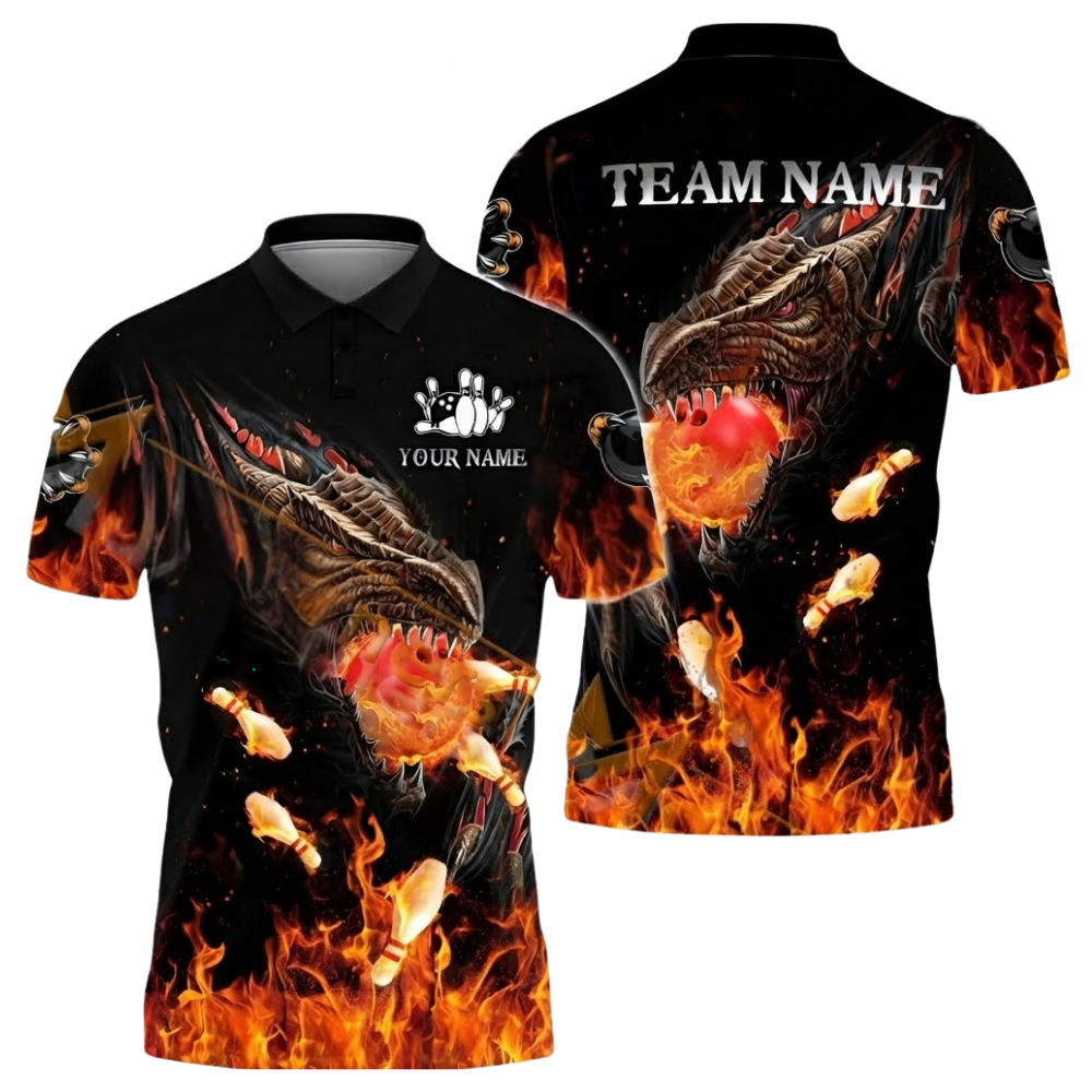 Custom Dragon Flaming Ball Bowling Polo Shirt For Mens, Custom Dragon Bowling Shirts Team BZ0593