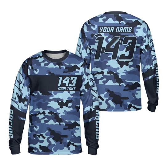 Custom Blue Camouflage Racing Dirt Bike Long Sleeve Jersey For Men, Custom Camo Dirt Bike Motocross Jerseys Shirt ME0034
