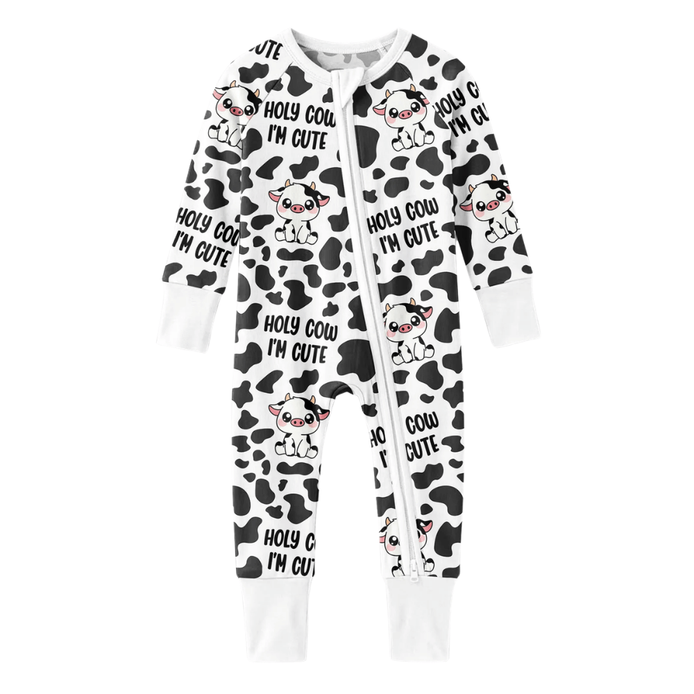 Holy Cow I'm Cute Baby Convertible Zippy Romper, Cow Baby Romper Convertible Black And White BB0989