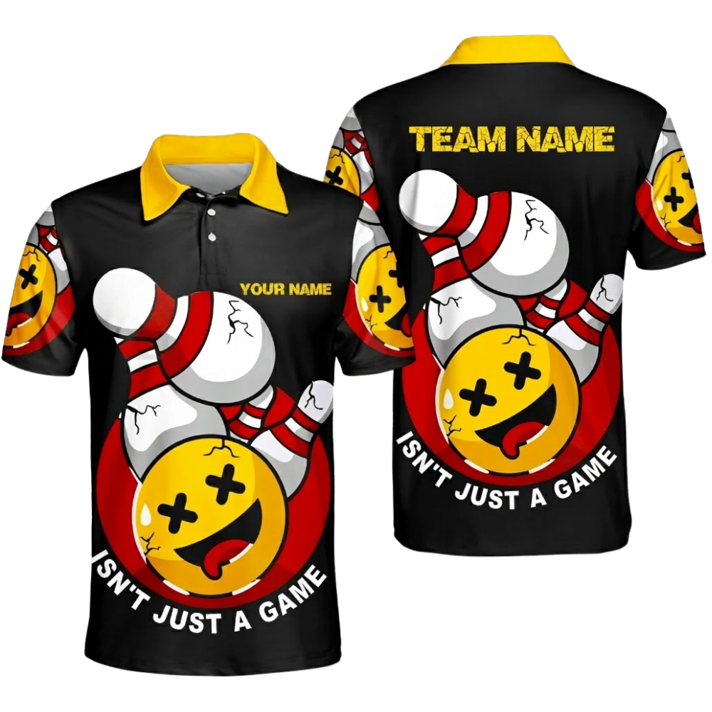 Isn't Just A Game Custom Funny Ball And Pins Bowling Mens Polo Shirt, Custom Funny Bowling Team Shirts Black Yellow BZ0494
