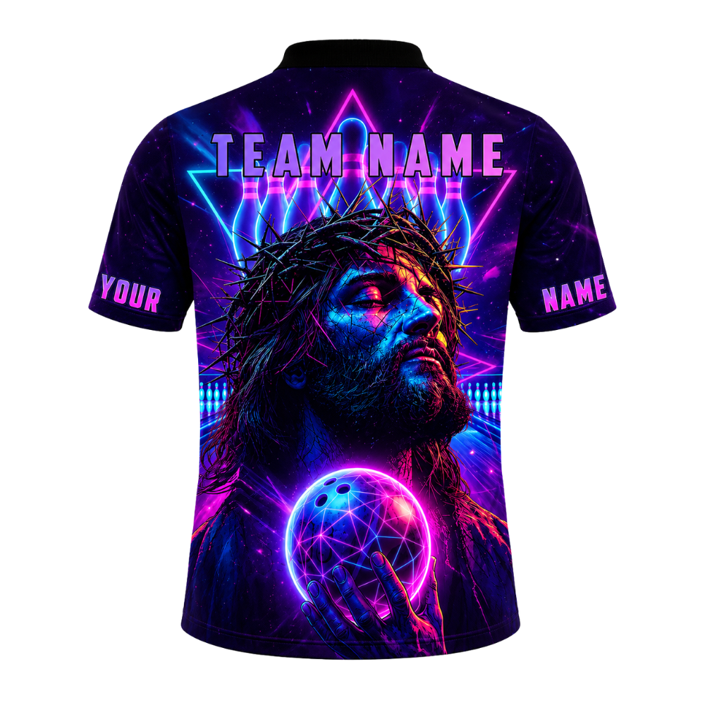 Custom Jesus Men's Neon Purple Bowling Polo Shirt, Custom Christian Bowling Team Shirts BZ0461