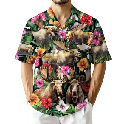 Moose Floral Hawaiian Shirt For Men Women, Tropical Moose Hawaiian Shirts HE0427