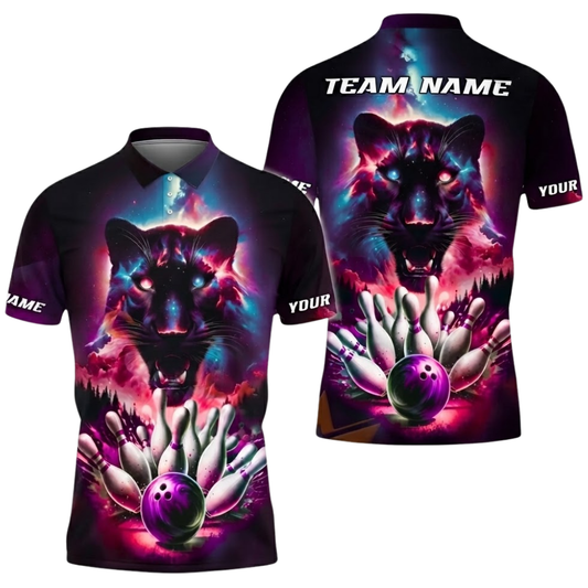 Custom Panther Purple Pink Bowling Polo Shirt For Men, Custom Panther Bowling Team Shirts BZ0532