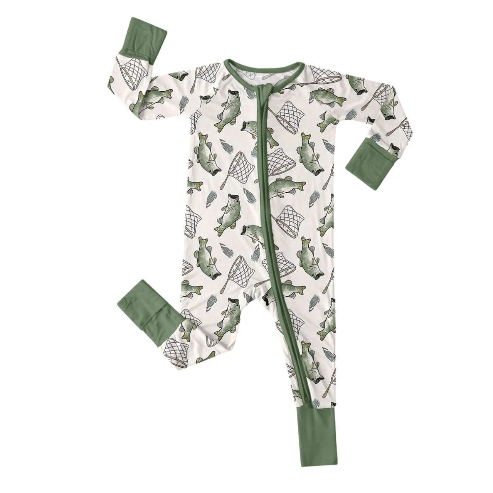 Bass Fishing Baby Convertible Zipper Romper, Fishing Baby Romper Convertible White Green BB0664
