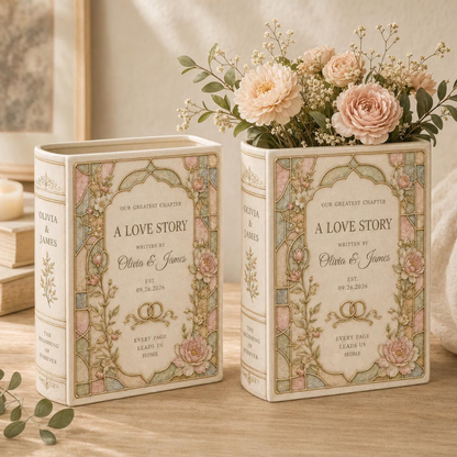 Personalized A Love Story Floral Stained Glass Wedding Ceramic Book Vase, Personalized Wedding Book Vase WD0550