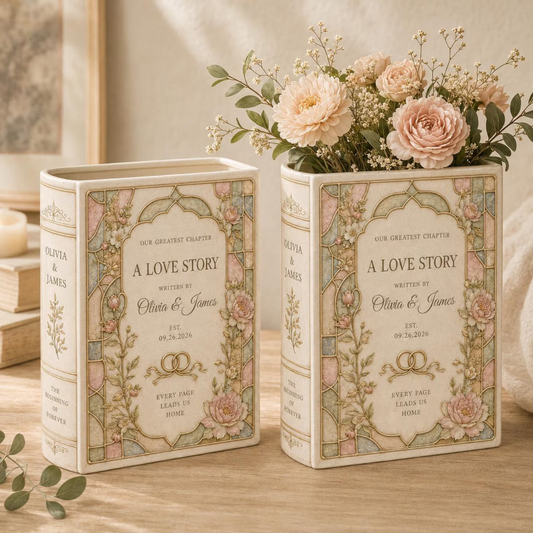 Personalized A Love Story Floral Stained Glass Wedding Ceramic Book Vase, Personalized Wedding Book Vase WD0550