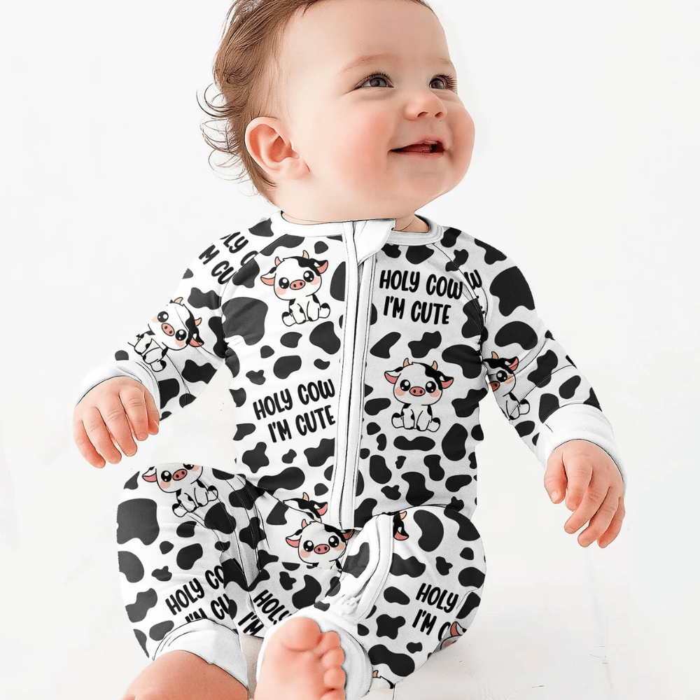 Holy Cow I'm Cute Baby Convertible Zippy Romper, Cow Baby Romper Convertible Black And White BB0989