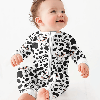 Holy Cow I'm Cute Baby Convertible Zippy Romper, Cow Baby Romper Convertible Black And White BB0989