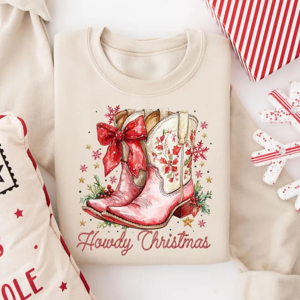 Howdy Cowgirl Boots Christmas Sweatshirt, Christmas Western Sweatshirt 2D0750