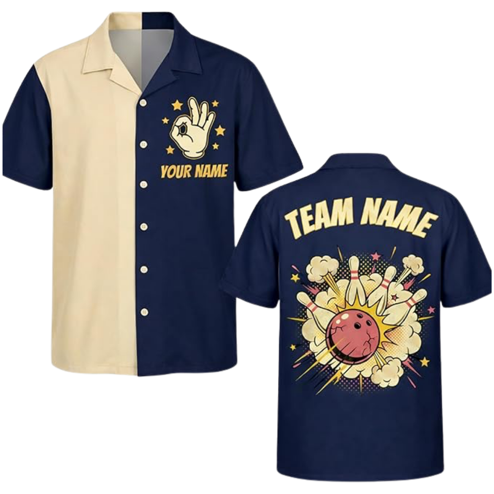 Custom Retro Blue Beige Bowling Hawaiian Shirt Mens, Custom Team Retro Bowling Shirt BZ0570
