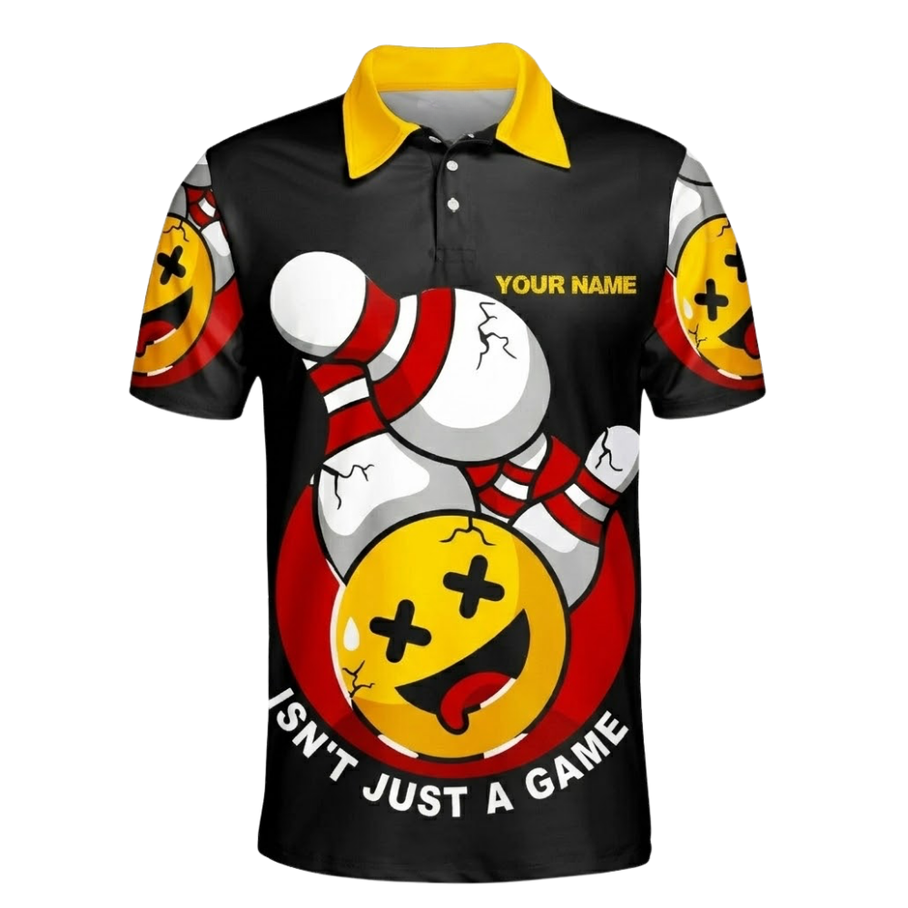 Isn't Just A Game Custom Funny Ball And Pins Bowling Mens Polo Shirt, Custom Funny Bowling Team Shirts Black Yellow BZ0494