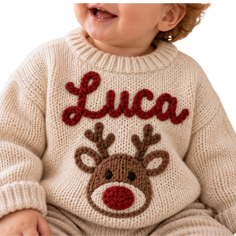 Reindeer Custom Name Baby Embroidered Knit Sweater, Custom Christmas Baby Embroidered Sweatshirt BB0902