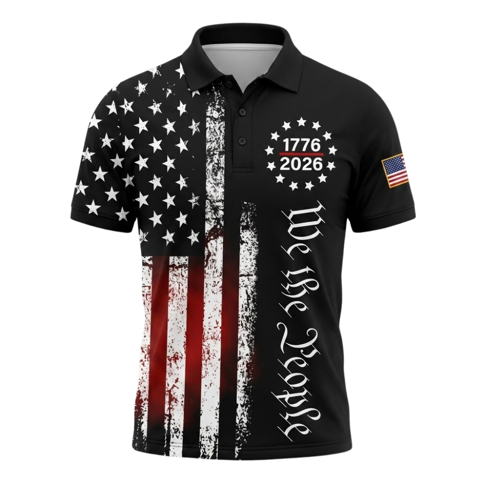 American Flag We The People 1776-2026 Mens Black Golf Polo Shirt, Independence Day Golf Shirts GE0560