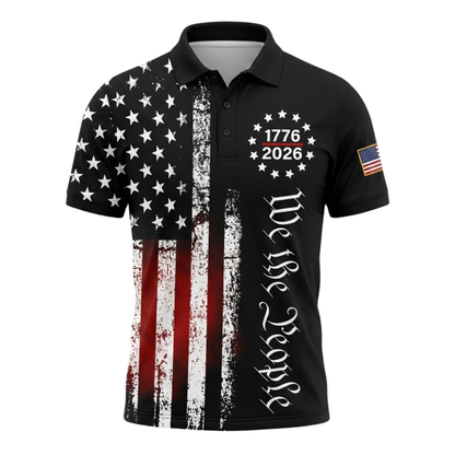 American Flag We The People 1776-2026 Mens Black Golf Polo Shirt, Independence Day Golf Shirts GE0560