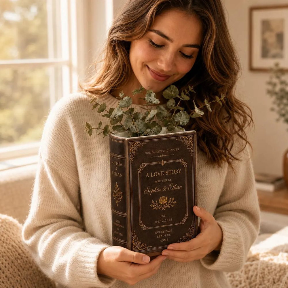 Custom Vintage A Love Story Wedding Brown Ceramic Book Vase, Custom Vintage Book Vase For Wedding Engagement WD0560