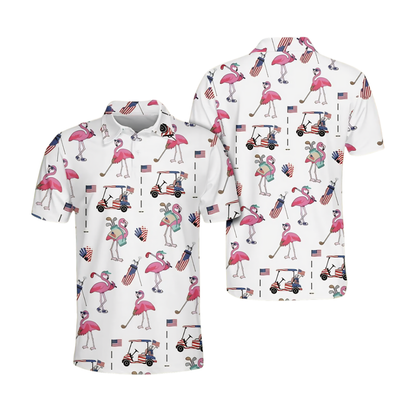 Men's Flamingo USA Flag Golf Polo Shirt, Flamingo Patriotic Golf Shirts GE0439