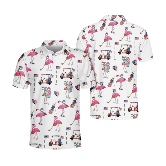 Men's Flamingo USA Flag Golf Polo Shirt, Flamingo Patriotic Golf Shirts GE0439