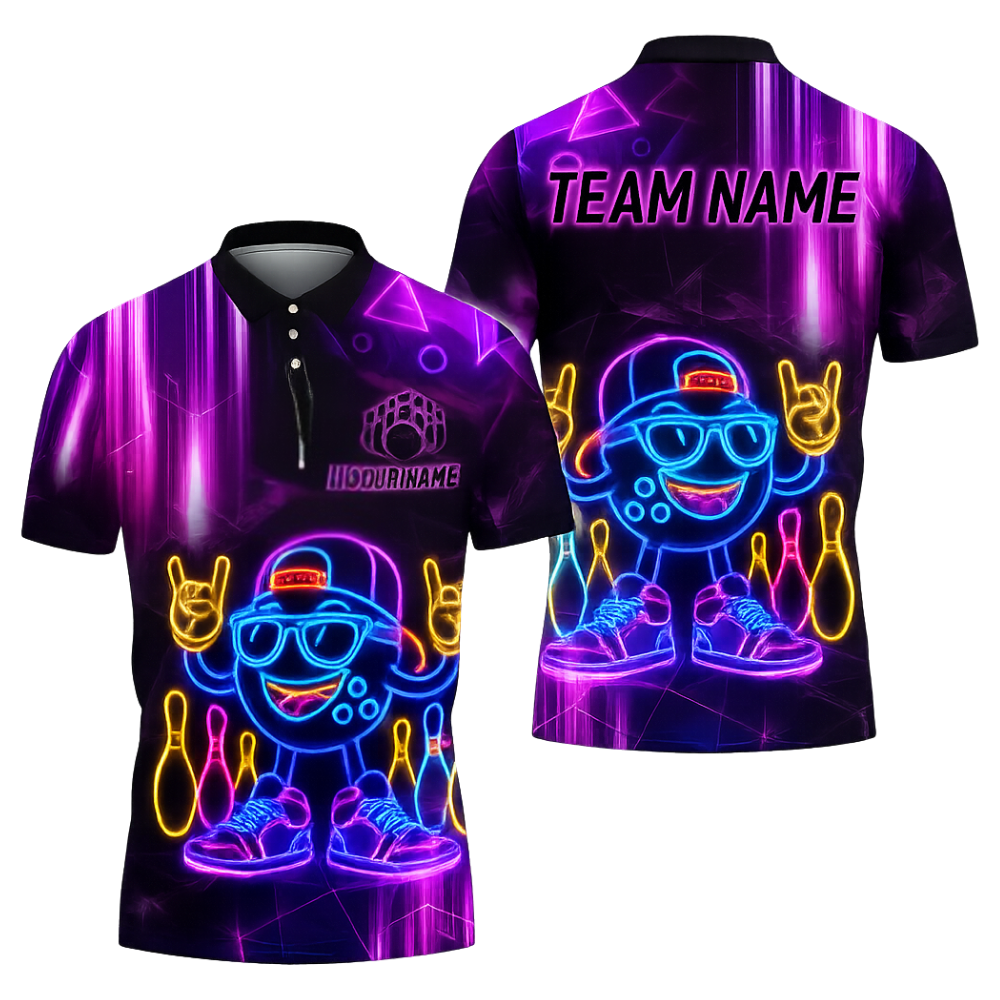 Neon Funny Bowling Ball Custom Men's Bowling Polo Shirts, Custom Neon Bowling Team Shirts BZ0460