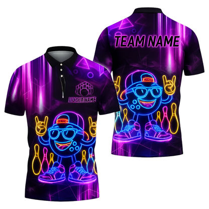 Neon Funny Bowling Ball Custom Men's Bowling Polo Shirts, Custom Neon Bowling Team Shirts BZ0460