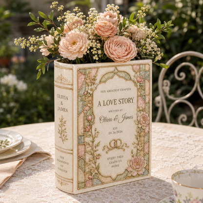 Personalized A Love Story Floral Stained Glass Wedding Ceramic Book Vase, Personalized Wedding Book Vase WD0550