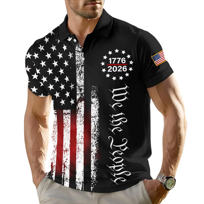 American Flag We The People 1776-2026 Mens Black Golf Polo Shirt, Independence Day Golf Shirts GE0560