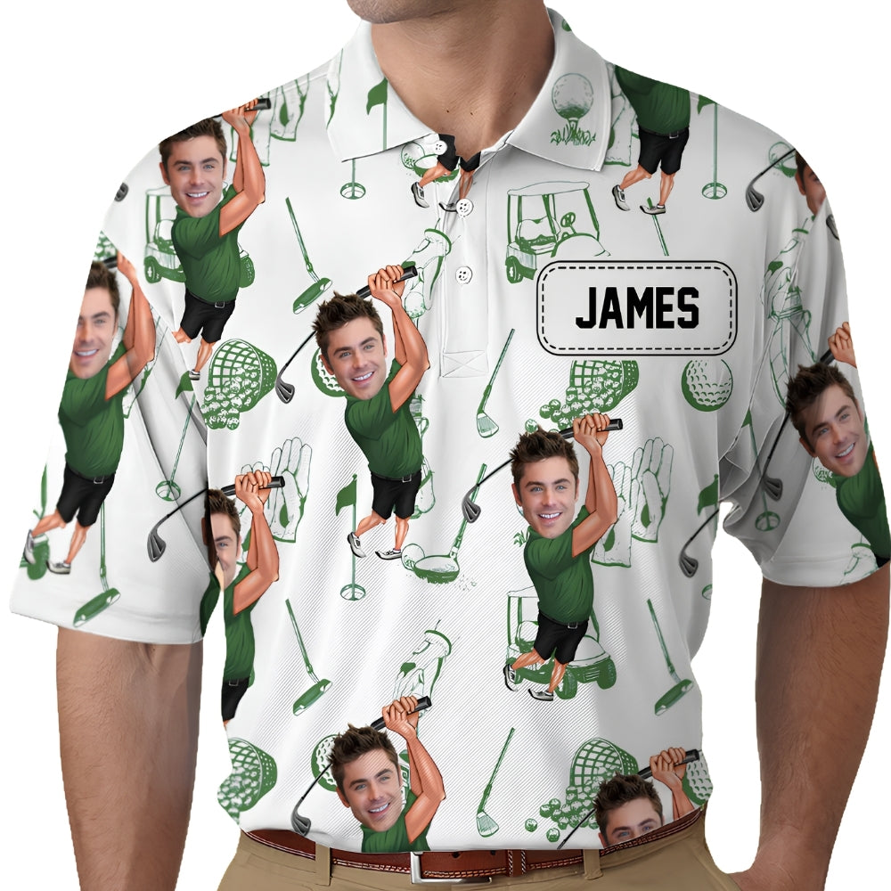 Custom Funny Face Men's Golf Polo Shirt, White And Green Custom Photo Golf Shirts GZ0253