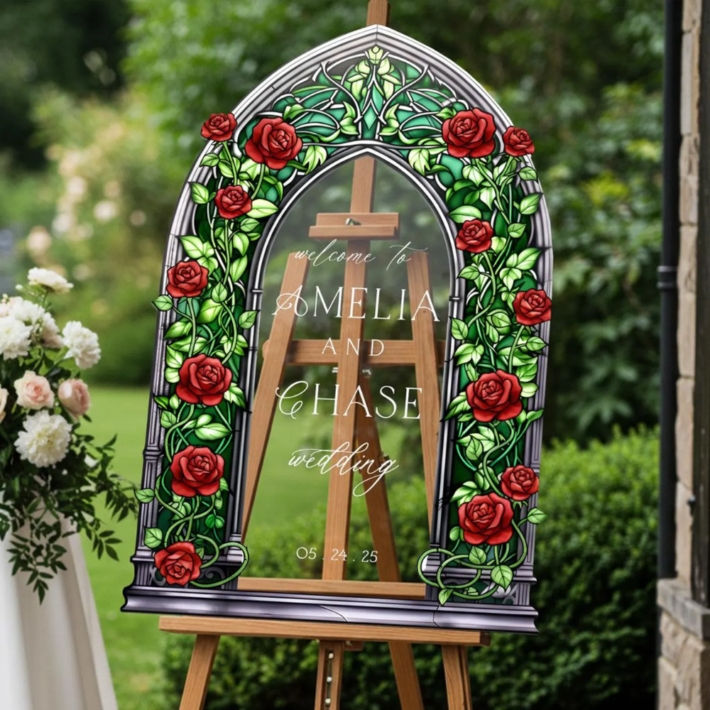 Custom Roses Stained Glass Wedding Welcome Acrylic Sign, Custom Floral Wedding Stained Glass Sign WD0671