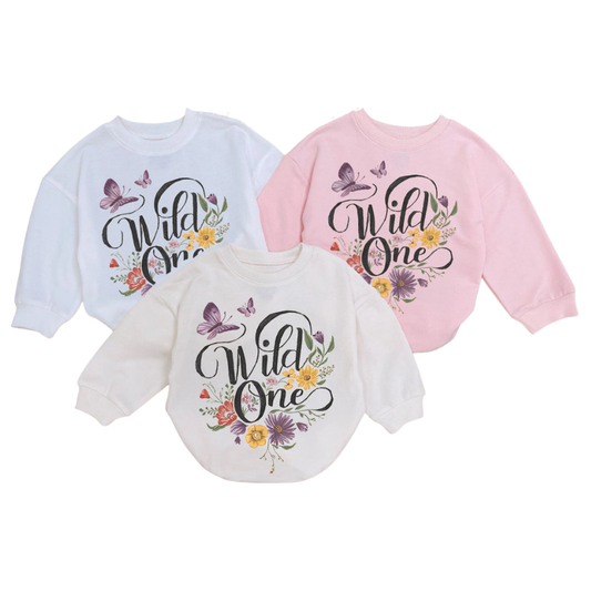 Wild One Floral Baby Romper Sweatshirt, Flower First Birthday Romper Sweatshirt For Baby BB0540