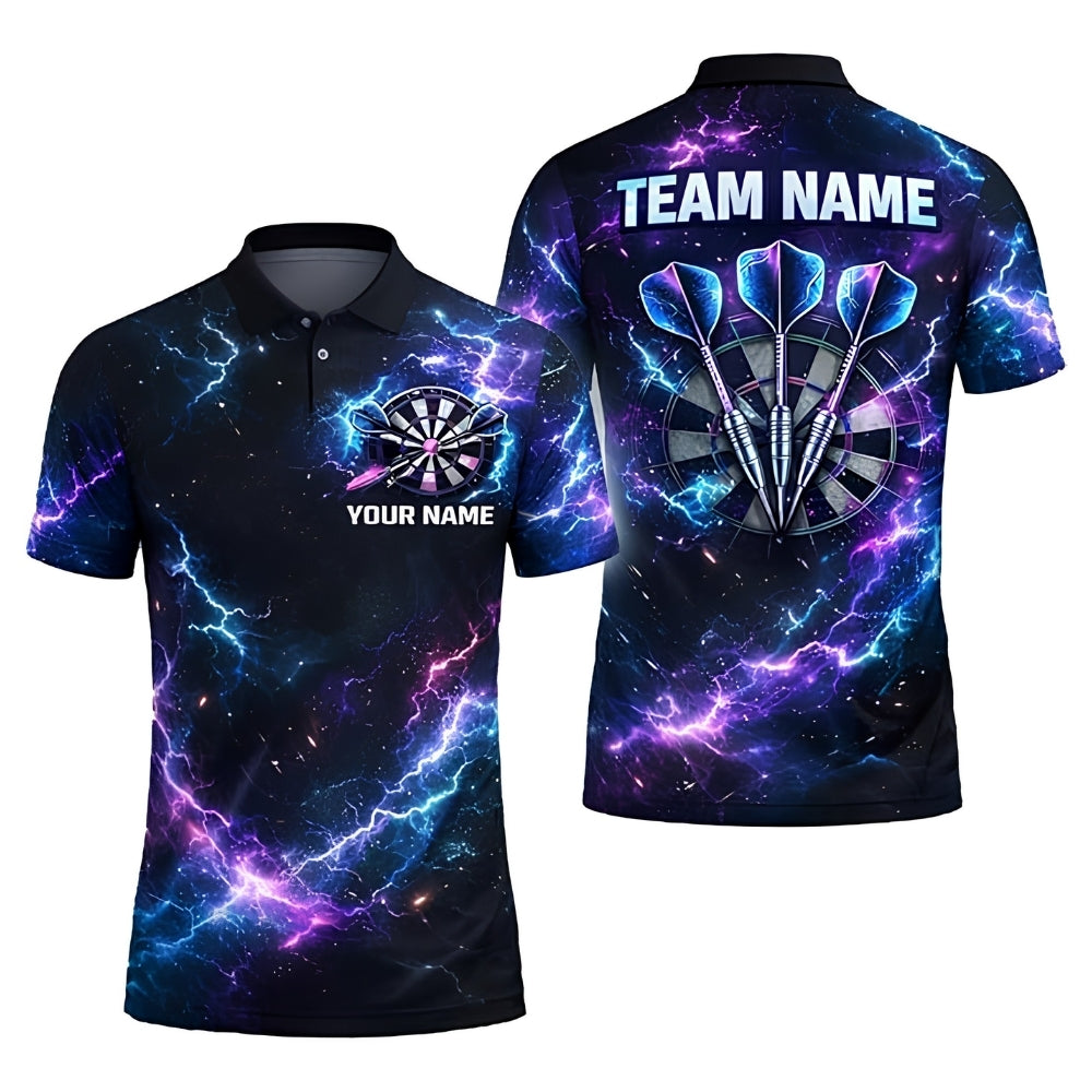 Custom Thunder Blue Purple Lightning Dart Men Polo Shirt, Custom Thunder Darts Team Shirts DZ0084