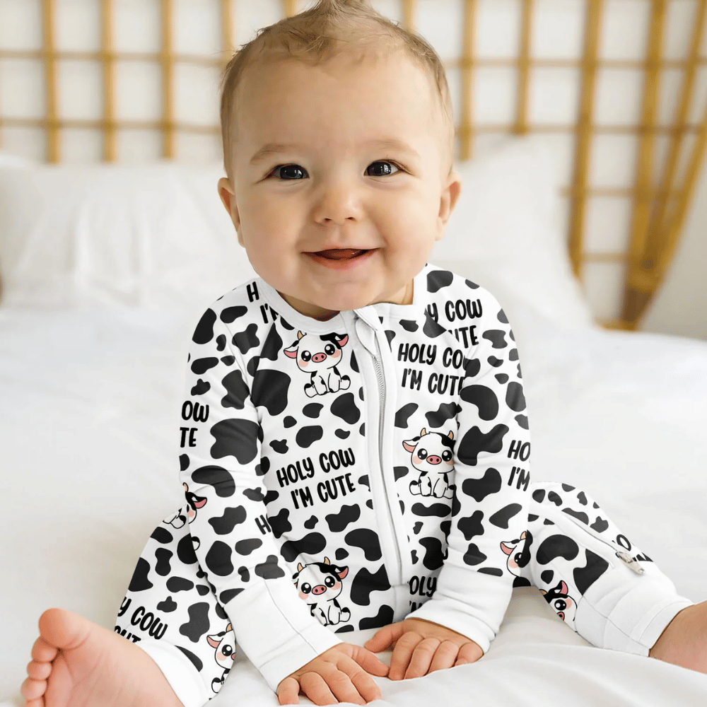 Holy Cow I'm Cute Baby Convertible Zippy Romper, Cow Baby Romper Convertible Black And White BB0989