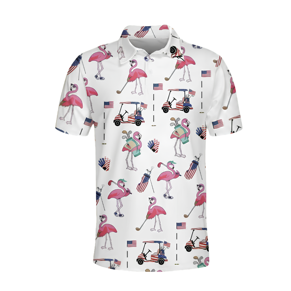 Men's Flamingo USA Flag Golf Polo Shirt, Flamingo Patriotic Golf Shirts GE0439