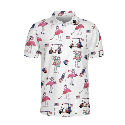 Men's Flamingo USA Flag Golf Polo Shirt, Flamingo Patriotic Golf Shirts GE0439