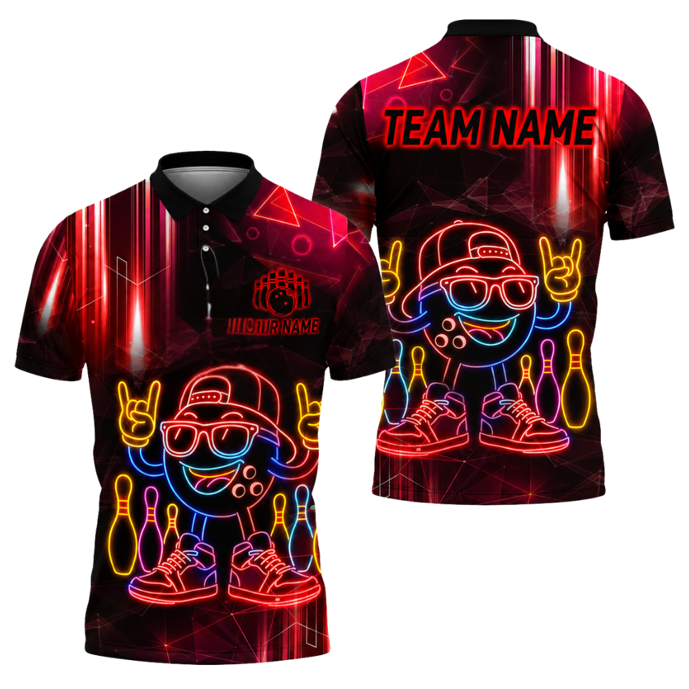 Neon Funny Bowling Ball Custom Men's Bowling Polo Shirts, Custom Neon Bowling Team Shirts BZ0460