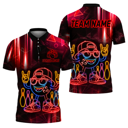 Neon Funny Bowling Ball Custom Men's Bowling Polo Shirts, Custom Neon Bowling Team Shirts BZ0460
