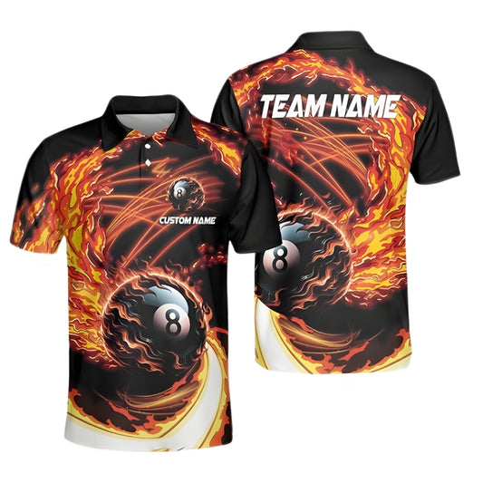 Custom Flame 8 Ball Billiard Men's Polo Shirt, Custom Flame Billiard Team Shirts BIZ0255