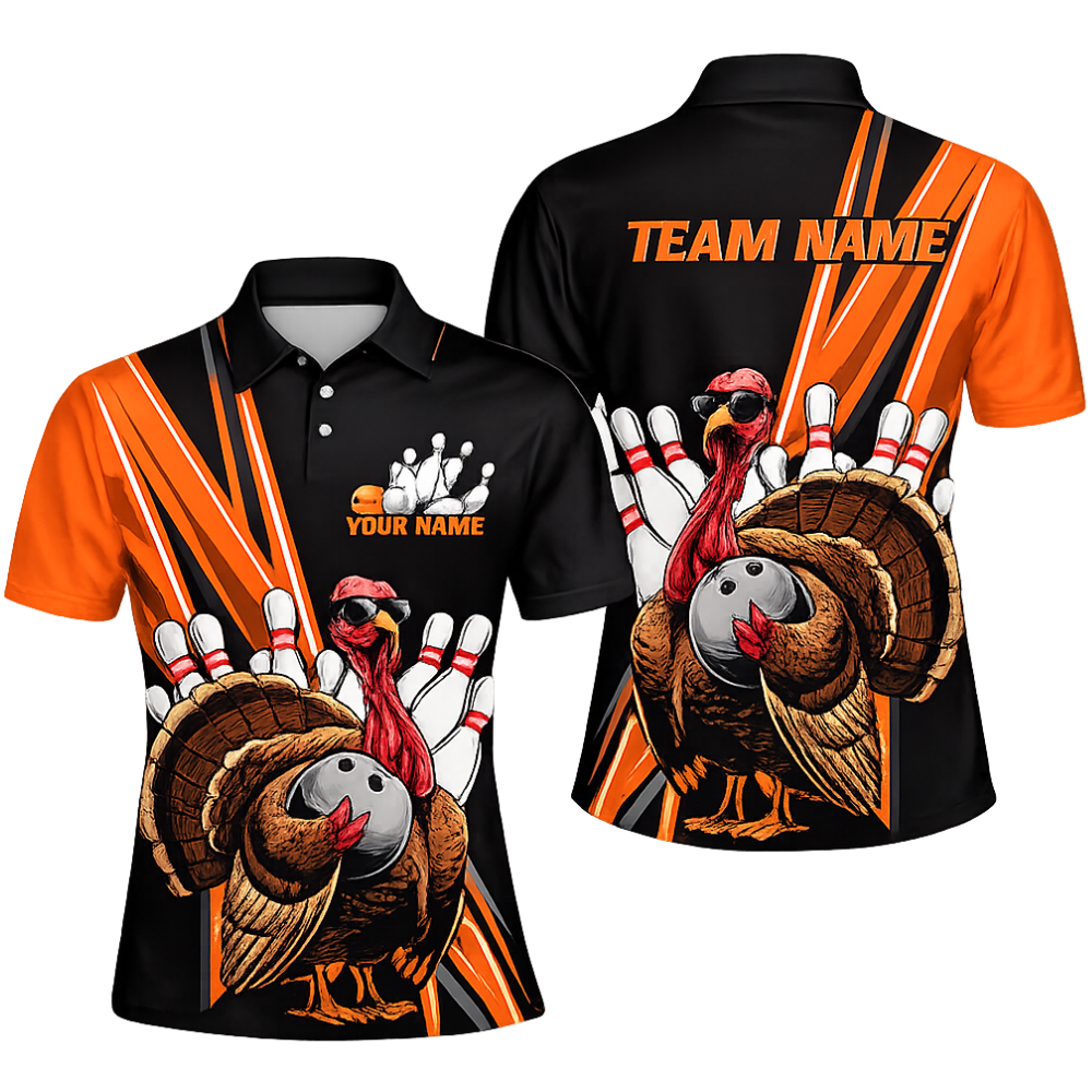 Custom Turkey Chicken Bowling Men Polo Shirt, Custom Bowling Team Shirt For Thanksgiving BZ0475
