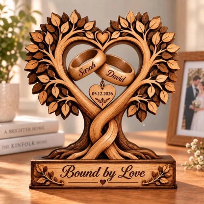 Custom Rings Couple Tree Heart Layer Wooden Plaque, Custom Wedding Keepsake Wooden Block WD0945