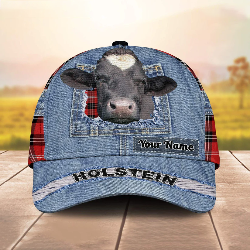 Holstein Overall Jeans Pattern And Red Caro Pattern Customized Name Cap CA0133