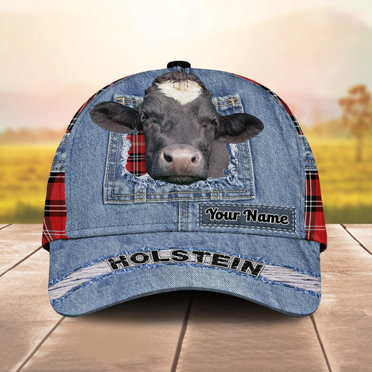 Holstein Overall Jeans Pattern And Red Caro Pattern Customized Name Cap CA0133