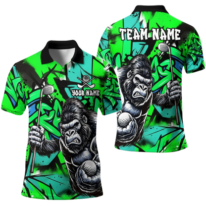 Custom Gorilla Men's Green Golf Polo Shirt, Custom Team Gorilla Golf Shirts GE0514