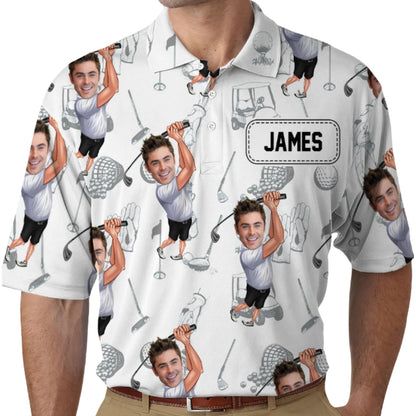 Custom Funny Face Men's Golf Polo Shirt, White And Green Custom Photo Golf Shirts GZ0253