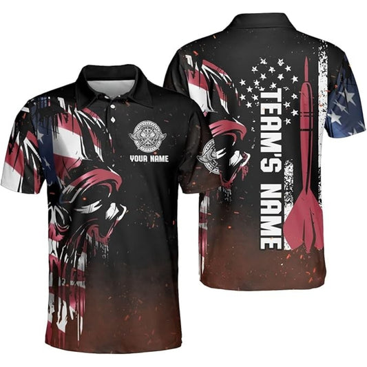 Custom Skull American Flag Darts Men Polo Shirt, Custom Skull Patriotic Darts Shirts For Team DZ0002