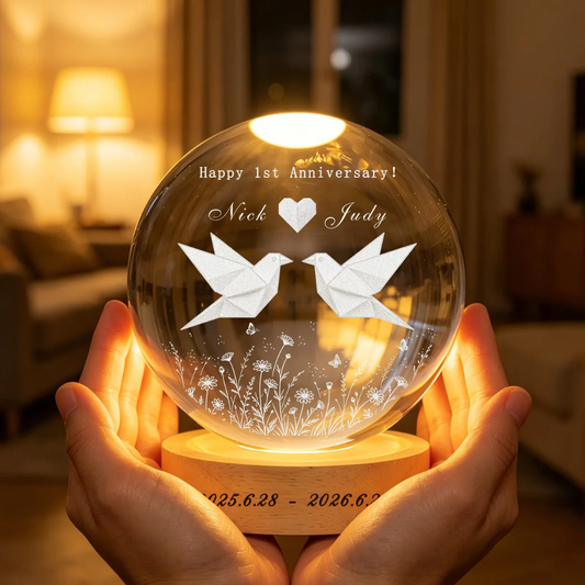 Happy 1st Anniversary Custom Paper Bird Crystal Ball Led Night Light, Custom Paper Wedding Anniversary Night Light WD0823