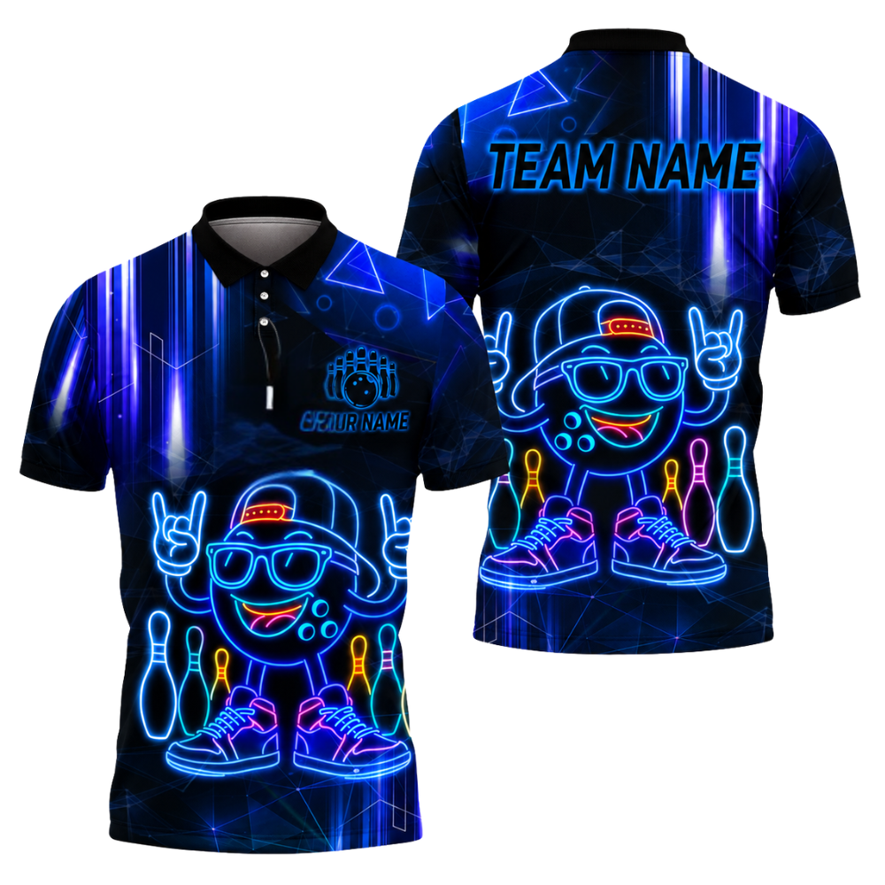 Neon Funny Bowling Ball Custom Men's Bowling Polo Shirts, Custom Neon Bowling Team Shirts BZ0460