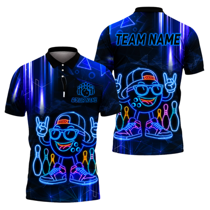 Neon Funny Bowling Ball Custom Men's Bowling Polo Shirts, Custom Neon Bowling Team Shirts BZ0460