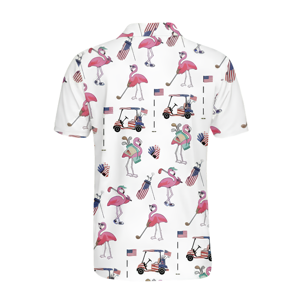 Men's Flamingo USA Flag Golf Polo Shirt, Flamingo Patriotic Golf Shirts GE0439