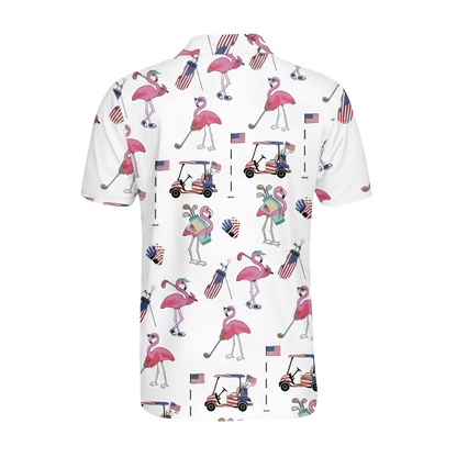 Men's Flamingo USA Flag Golf Polo Shirt, Flamingo Patriotic Golf Shirts GE0439