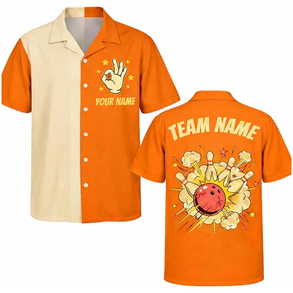 Custom Retro Blue Beige Bowling Hawaiian Shirt Mens, Custom Team Retro Bowling Shirt BZ0570