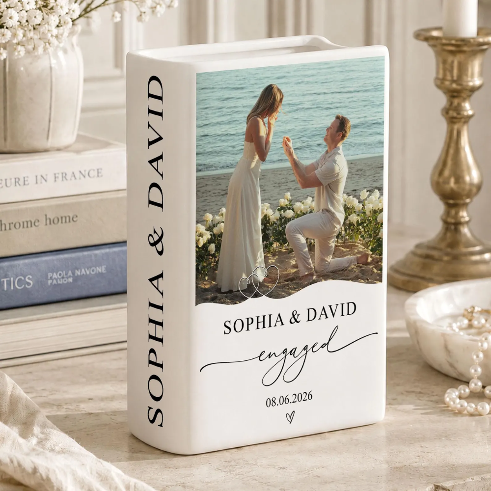 Personalized Photo Engagement Ceramic Book Vase, Custom New Engaged Couple Book Vase WD0633
